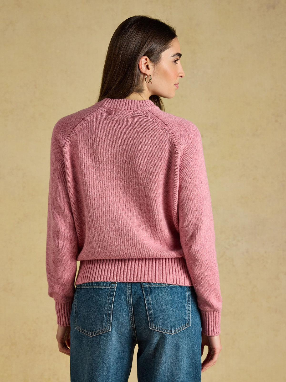 Women's pink Joules dachshund dog knit sweater with crew neck and raglan sleeves.