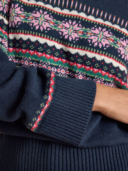 Women's Joules Fair Isle Navy Cotton Blend Knitted Jumper