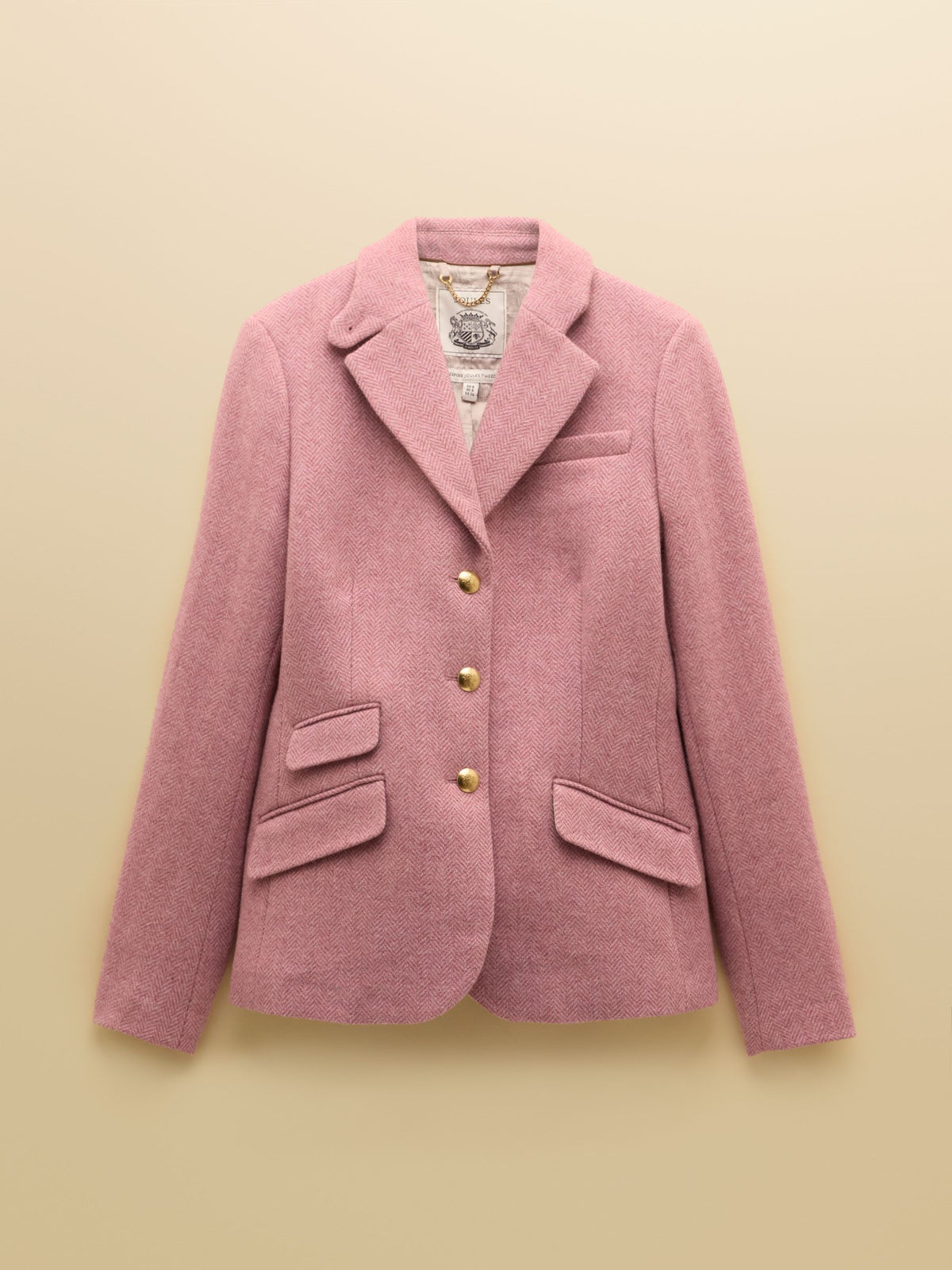 Women's pink tweed blazer by Joules with tailored fit and velvet trim