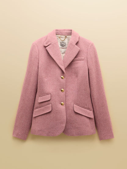 Women's pink tweed blazer by Joules with tailored fit and velvet trim