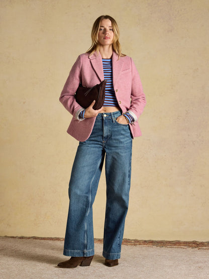 Pink wool blend tweed blazer for women by Joules, tailored fit with custom lining & velvet trim.