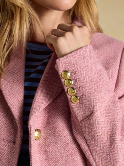 Women's pink tweed blazer by Joules with gold buttons and tailored fit. Wool blend.