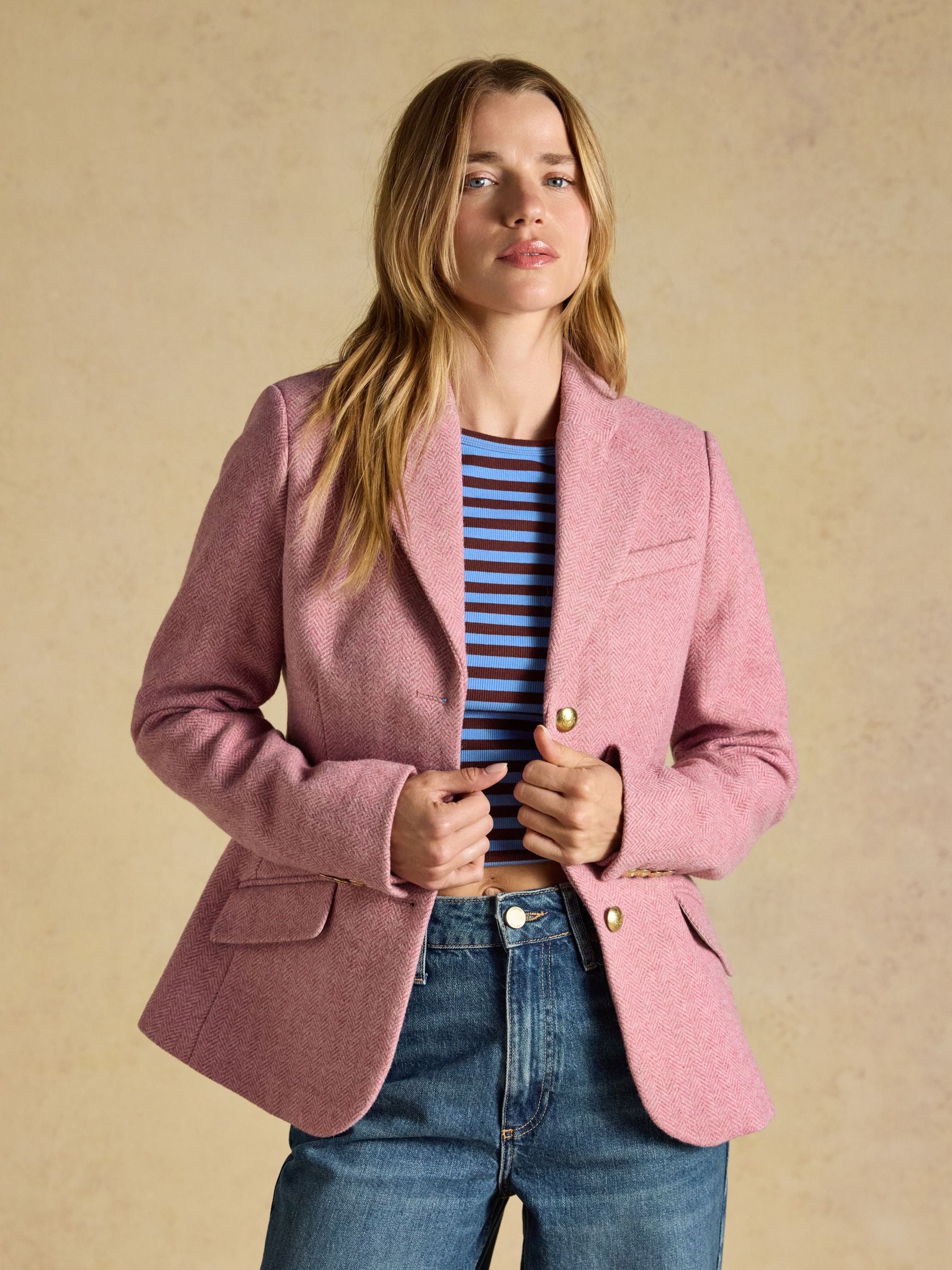 Women's Joules Canterley Pink Tweed Blazer - Tailored Fit, Wool Blend