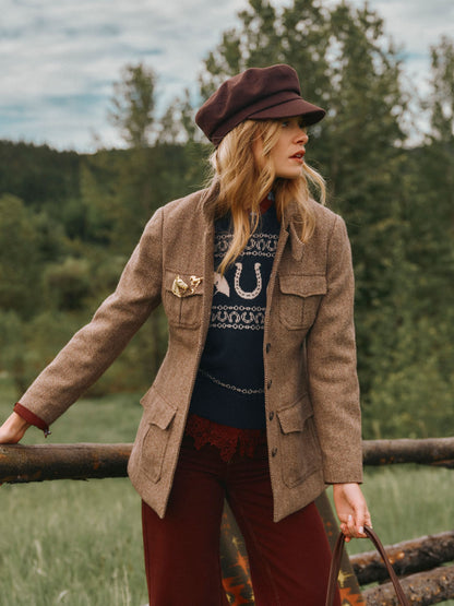 Women's Joules Saddlebury Brown Wool Blend Herringbone Jacket