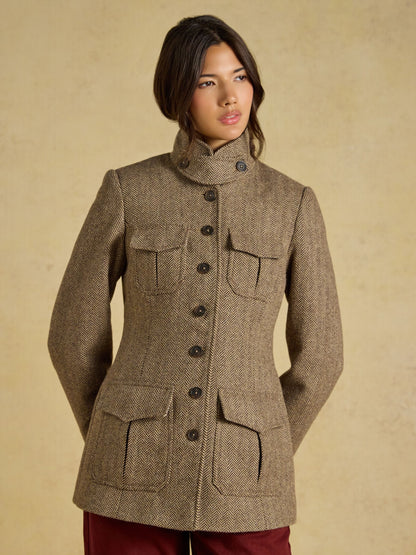 Women's Joules Saddlebury Brown Wool Blend Herringbone Jacket
