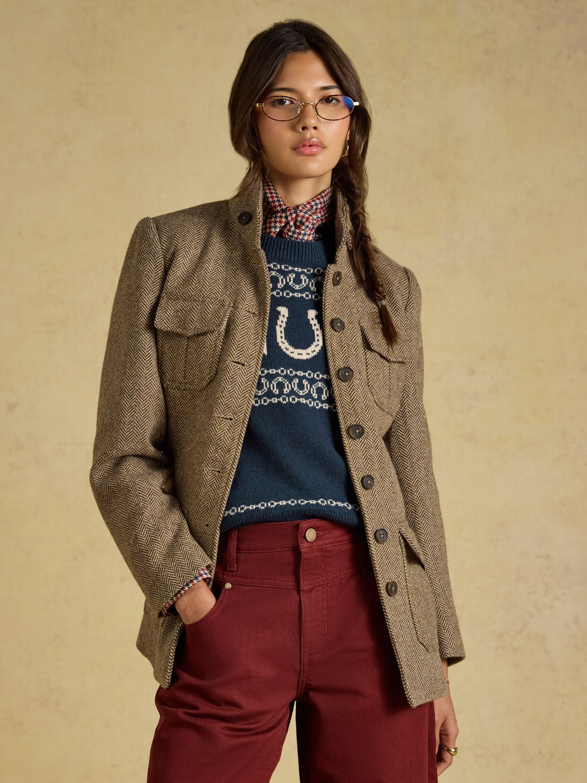 Women's Joules Saddlebury Brown Wool Blend Herringbone Jacket