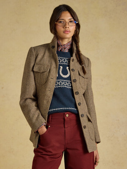Women's Joules Saddlebury Brown Wool Blend Herringbone Jacket