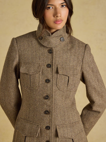 Women's Joules Saddlebury Brown Wool Blend Herringbone Jacket