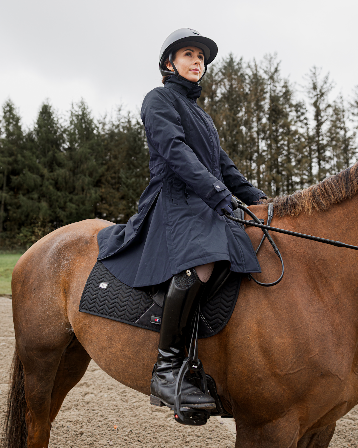 Equidry Women's Bronte Riding Coat: Equestrian style in Navy, Waterproof, Removable Hood. Horse riding apparel.