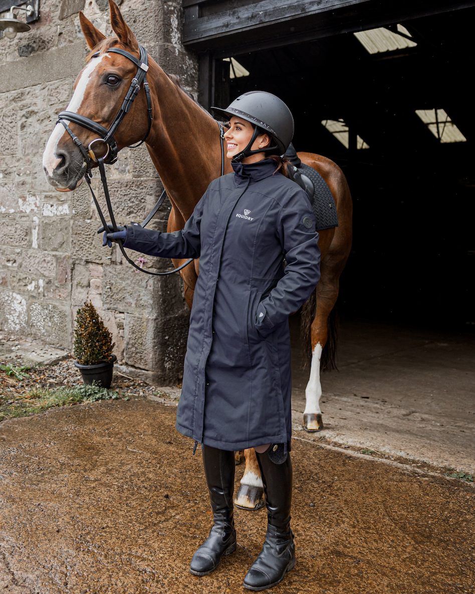EQUIDRY Women's Bronte Riding Coat in Navy with Horse | Waterproof & Stylish Outdoor Apparel