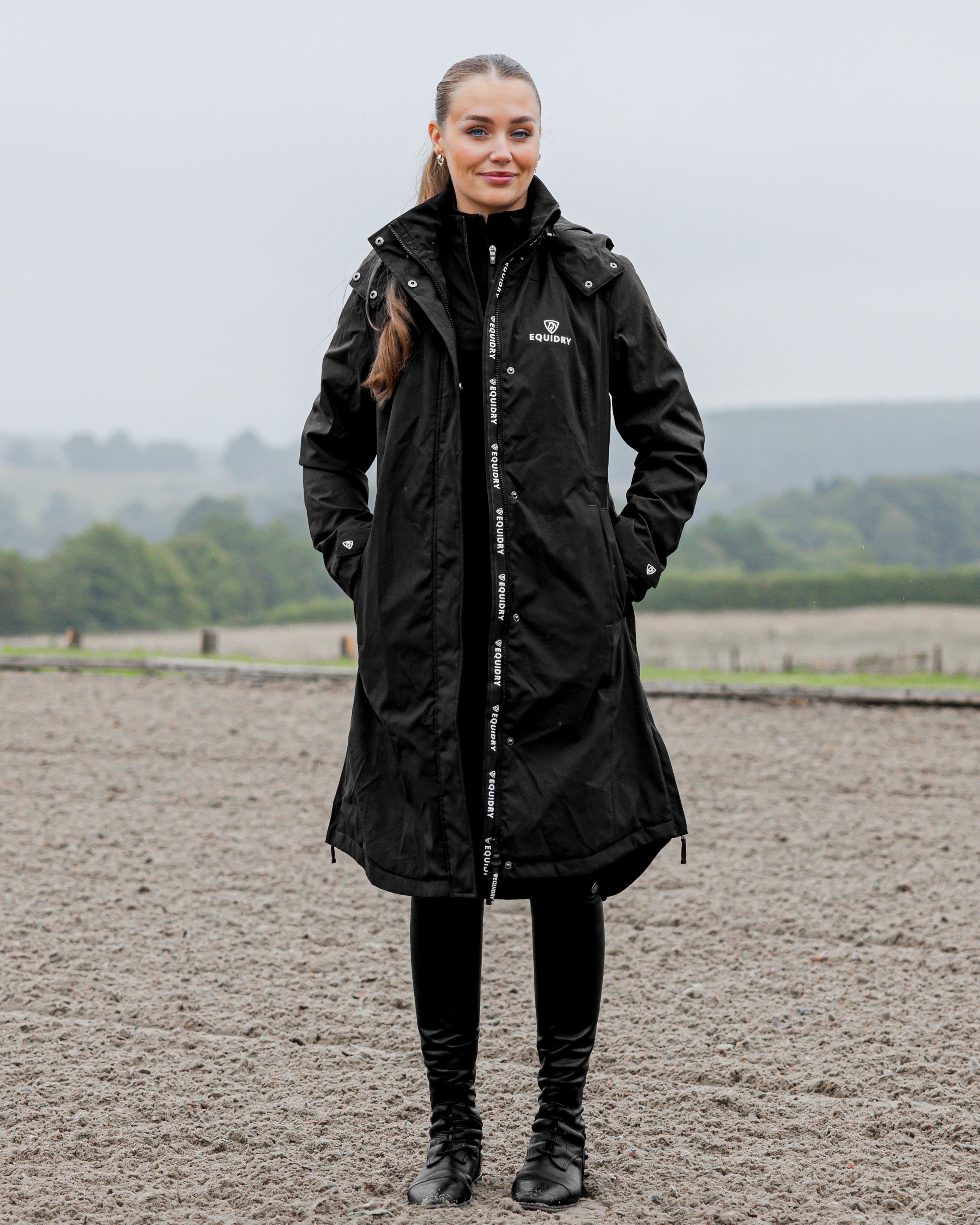EQUIDRY Women's Bronte Black Riding Coat - Waterproof with Removable Hood