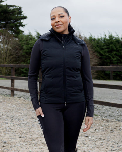 EQUIDRY Black Padded Gilet for women | Water-repellent, windproof riding jacket with removable hood
