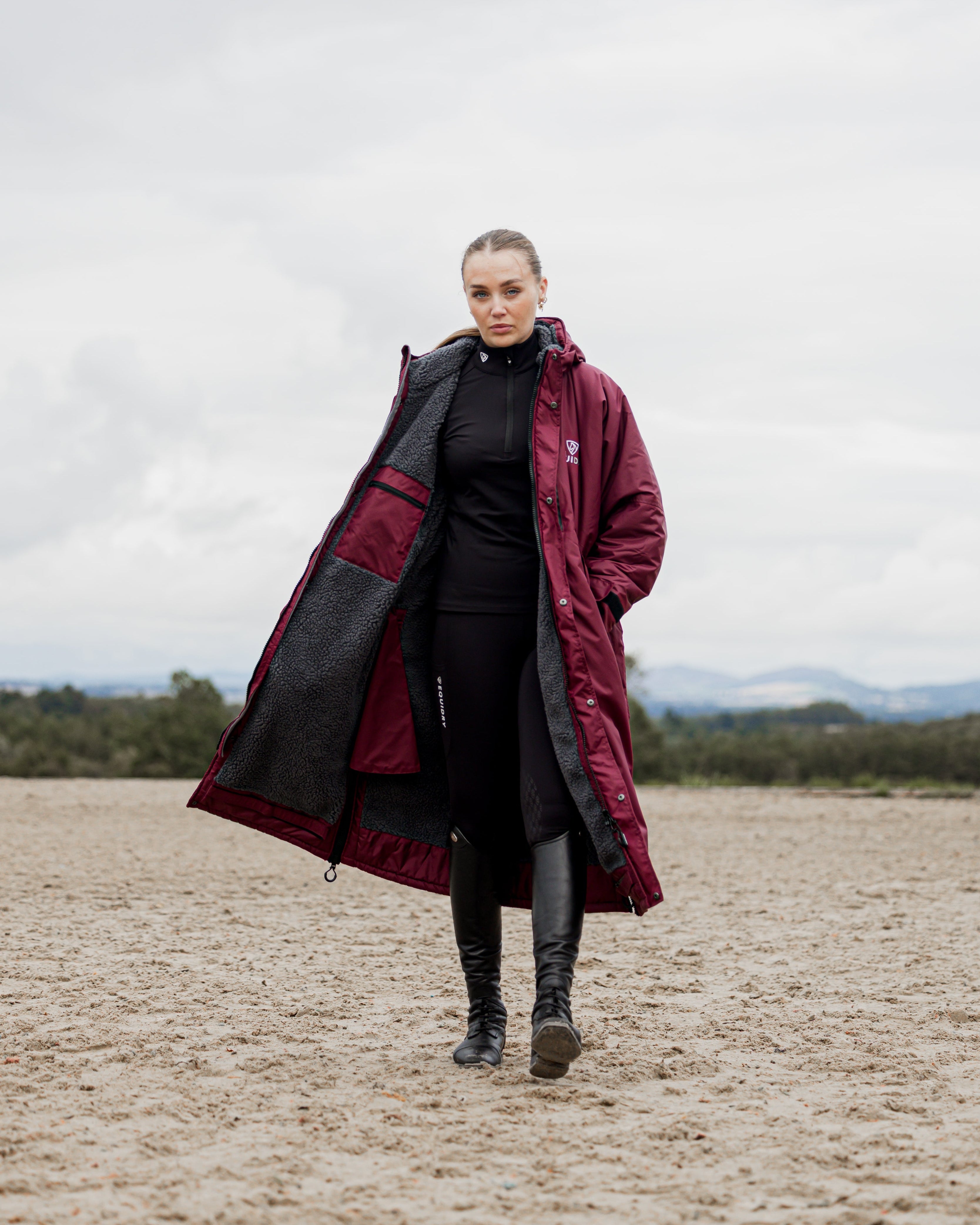 EQUIDRY Evolution Women's Thick Fleece Plum/Grey Coat - Oversized Waterproof Equestrian Jacket by Equiflair