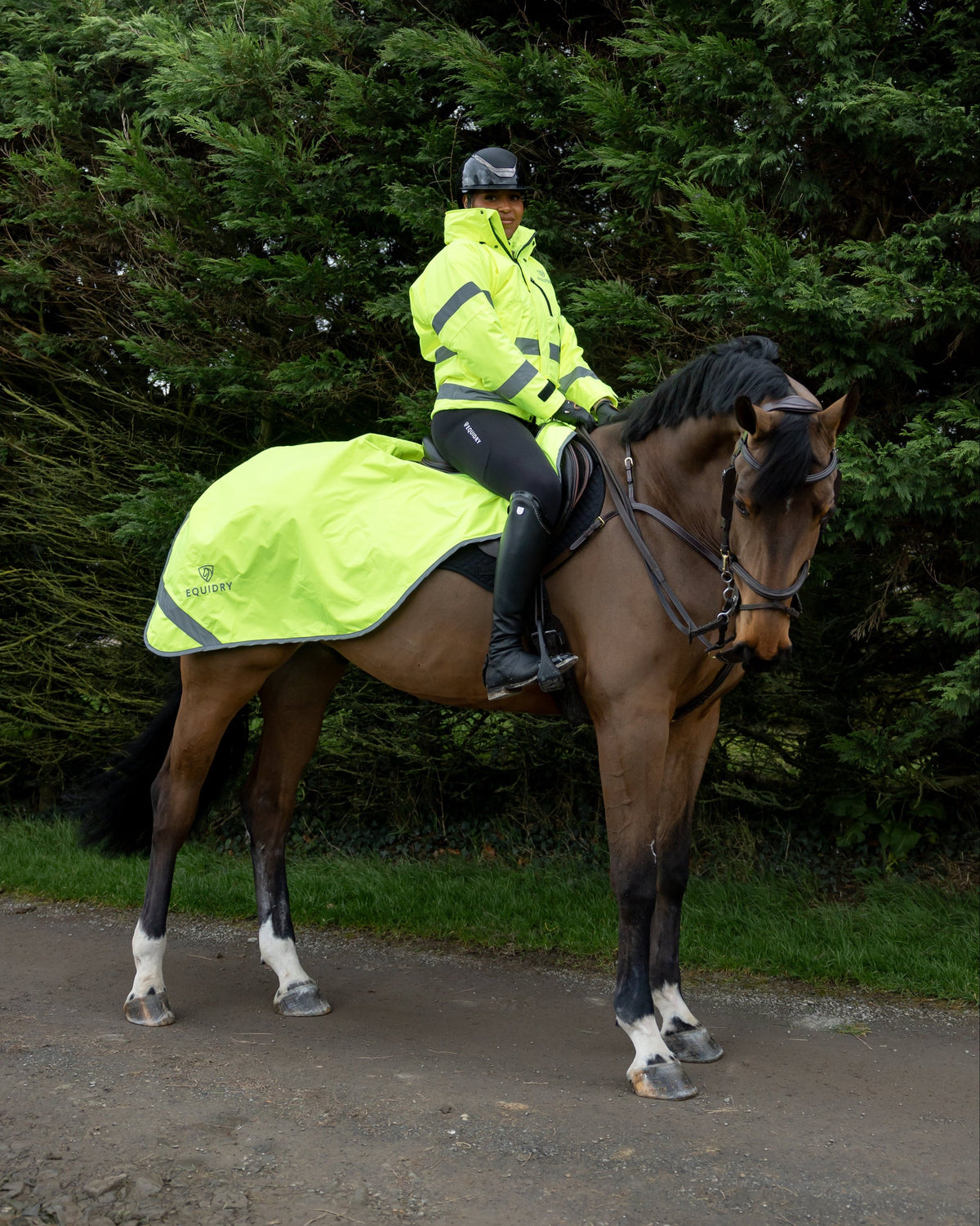 Equidry hi-vis riding coat for women - waterproof, breathable, and windproof equestrian jacket.