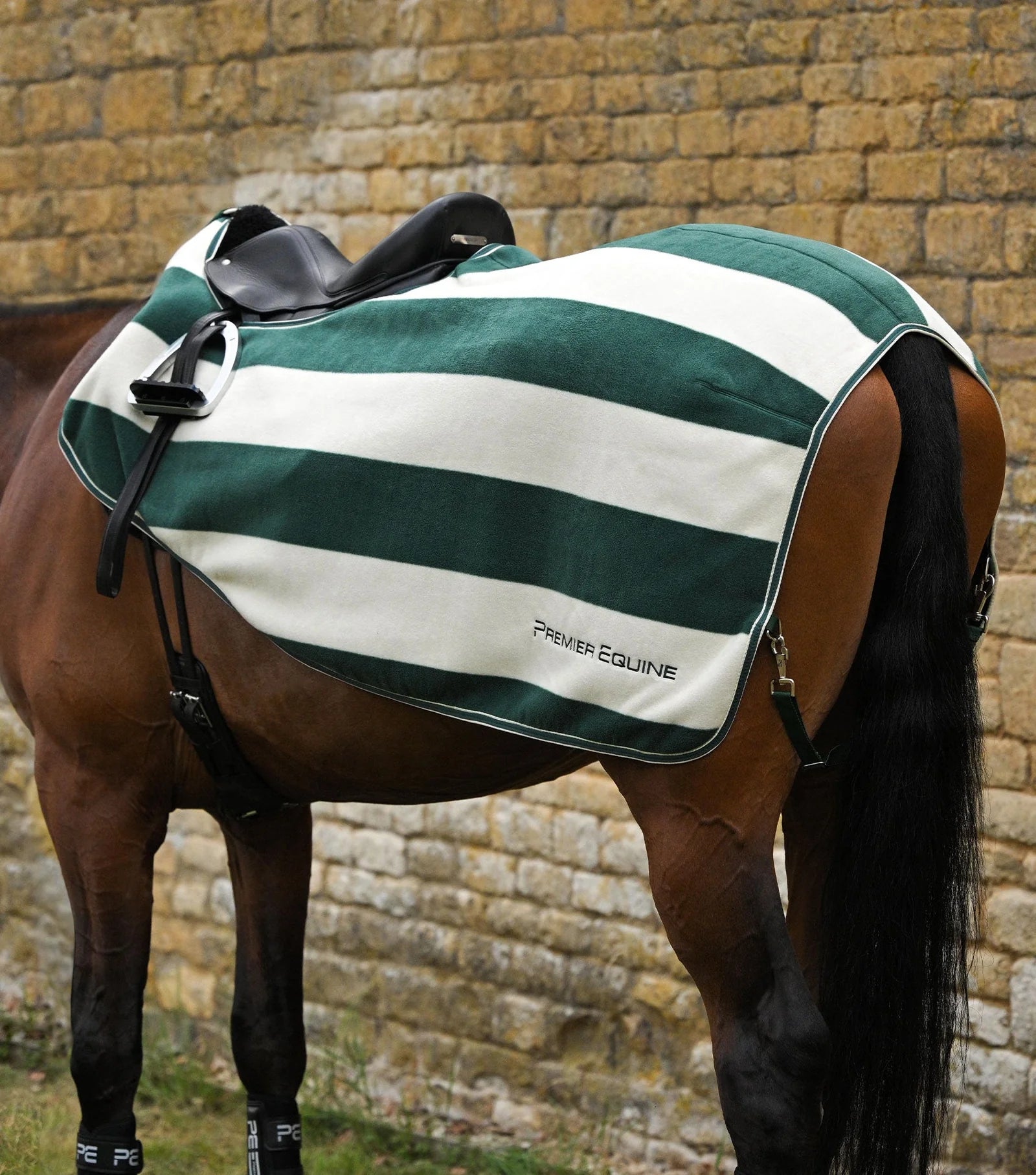 Premier Equine Vellus Fleece Horse Exercise Rug - Green and White Stripes with Saddle