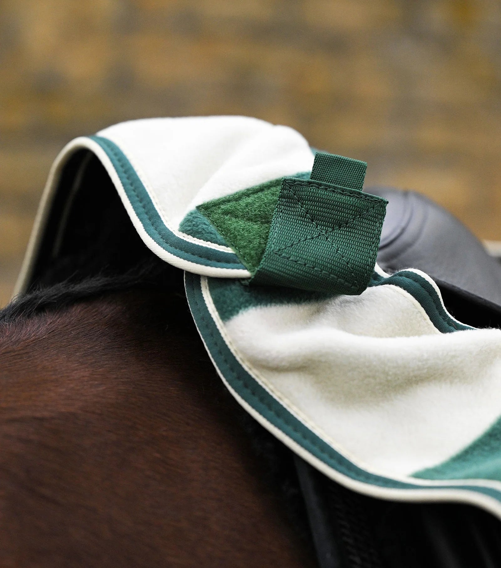 Horse Exercise Rug: Premier Equine Green & White Fleece Saddle Pad. Warm, comfortable, stylish training gear.