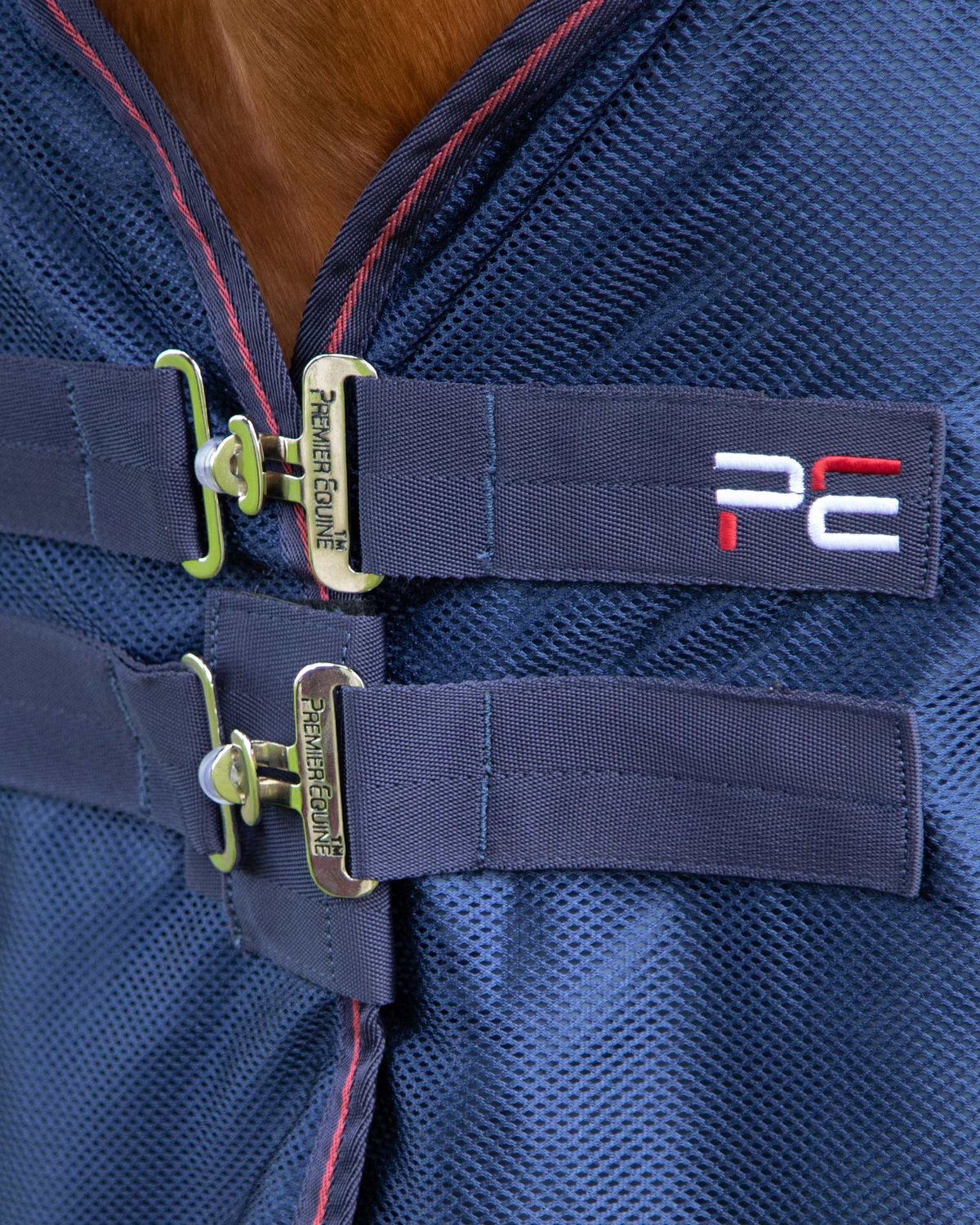 Premier Equine Ventoso Mesh Cooler Navy from Equiflair. Horse cooling blanket with breathable mesh and stainless steel hardware.