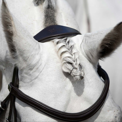 White horse with Premier Equine Verdura anatomic snaffle bridle & braided forelock. Equestrian equipment.
