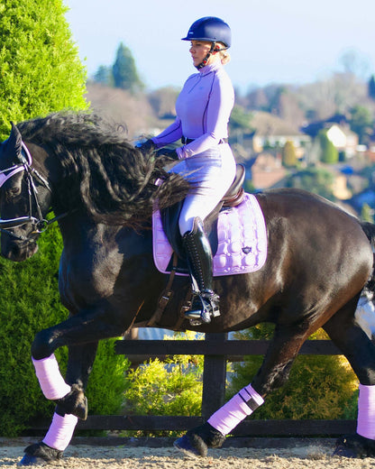 Lilac Woof Wear Vision Polo Bandages on Black Horse. Equestrian Horse Riding Gear.