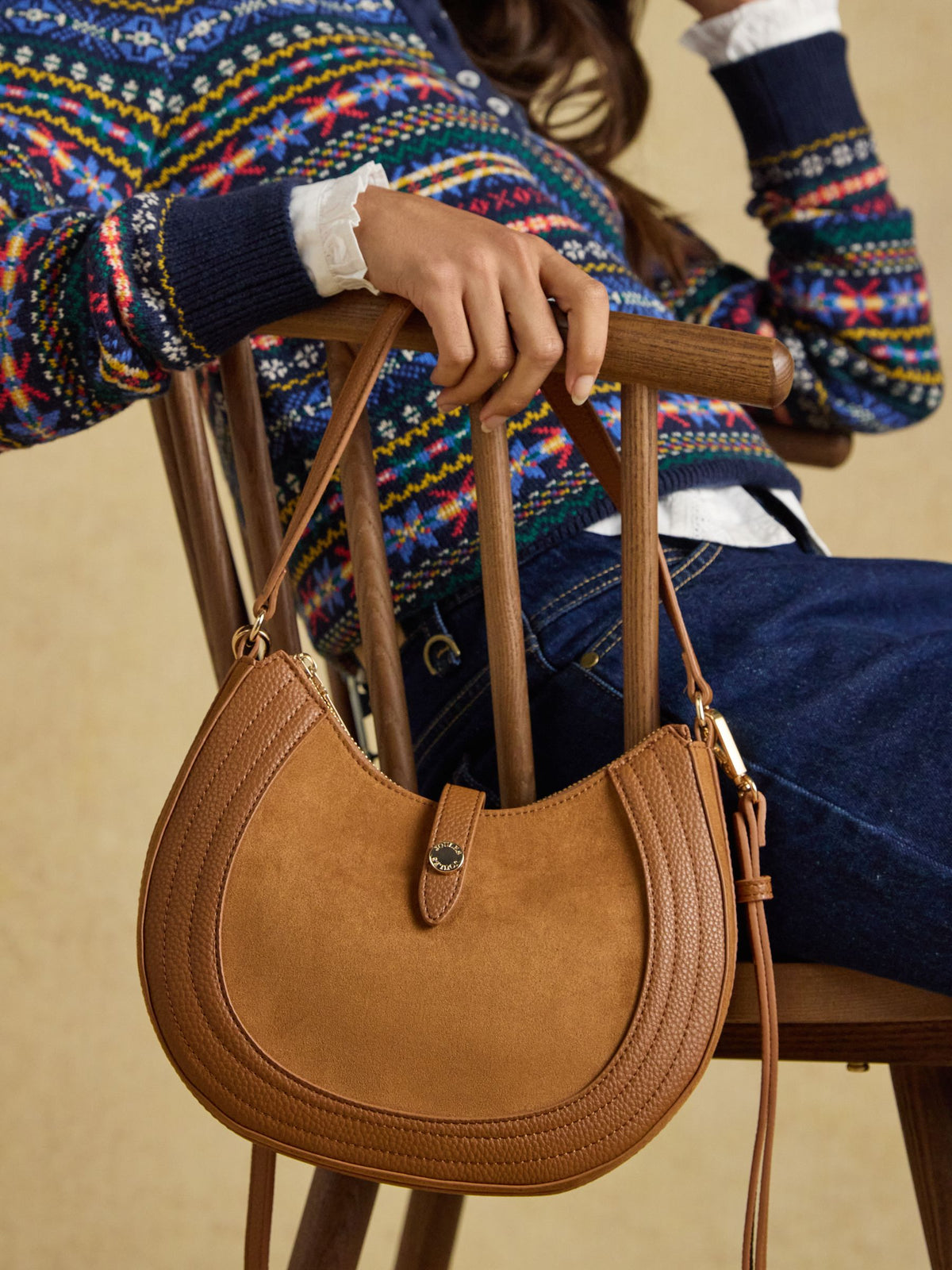 Joules women's tan suede leather crossbody saddle bag with adjustable strap