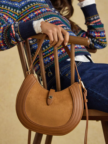 Joules women's tan suede leather crossbody saddle bag with adjustable strap