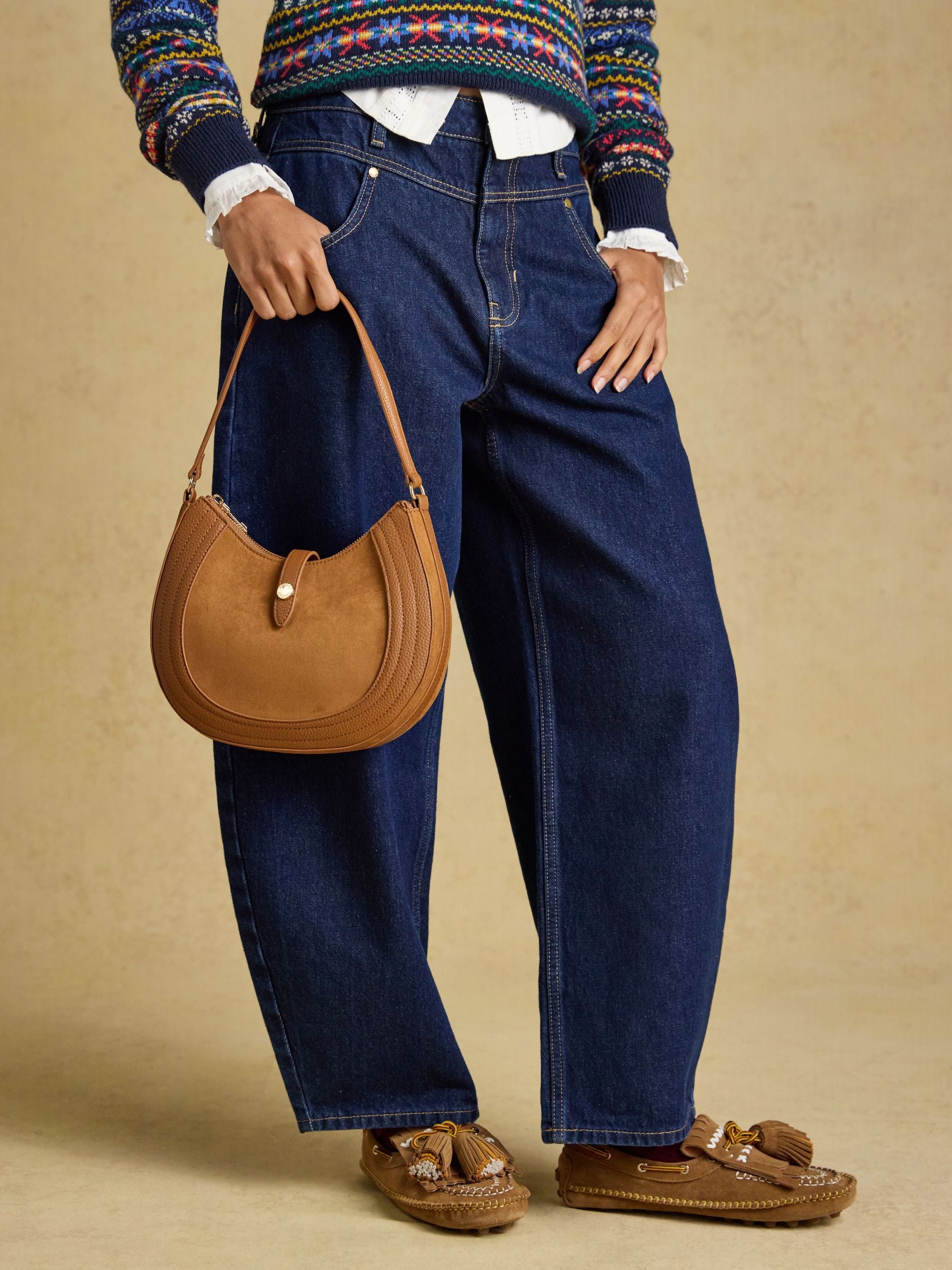 Tan leather crossbody saddle bag for women by Joules - stylish and practical