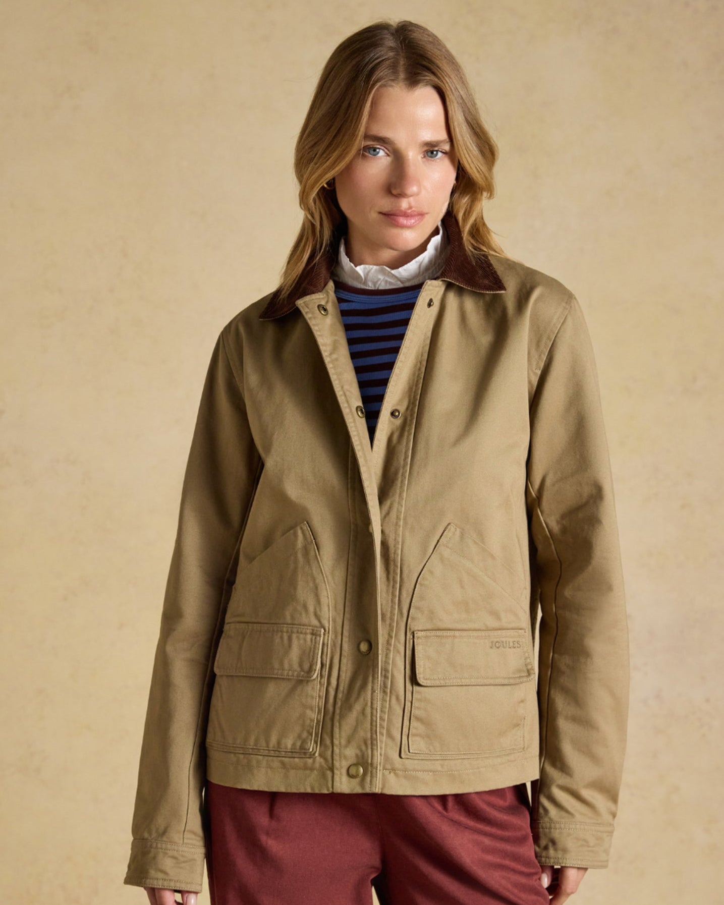 Joules Women's Tan Barn Jacket with Cord Collar and Western Detailing
