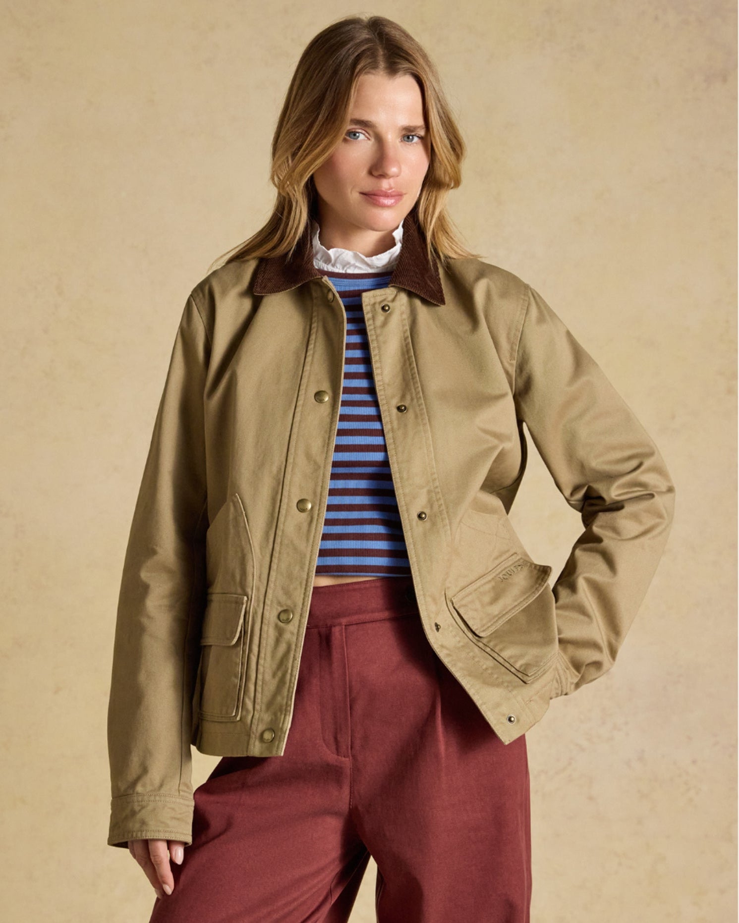 Joules Women's Barn Jacket Tan with Cord Collar and Dual-Entry Barn Pockets