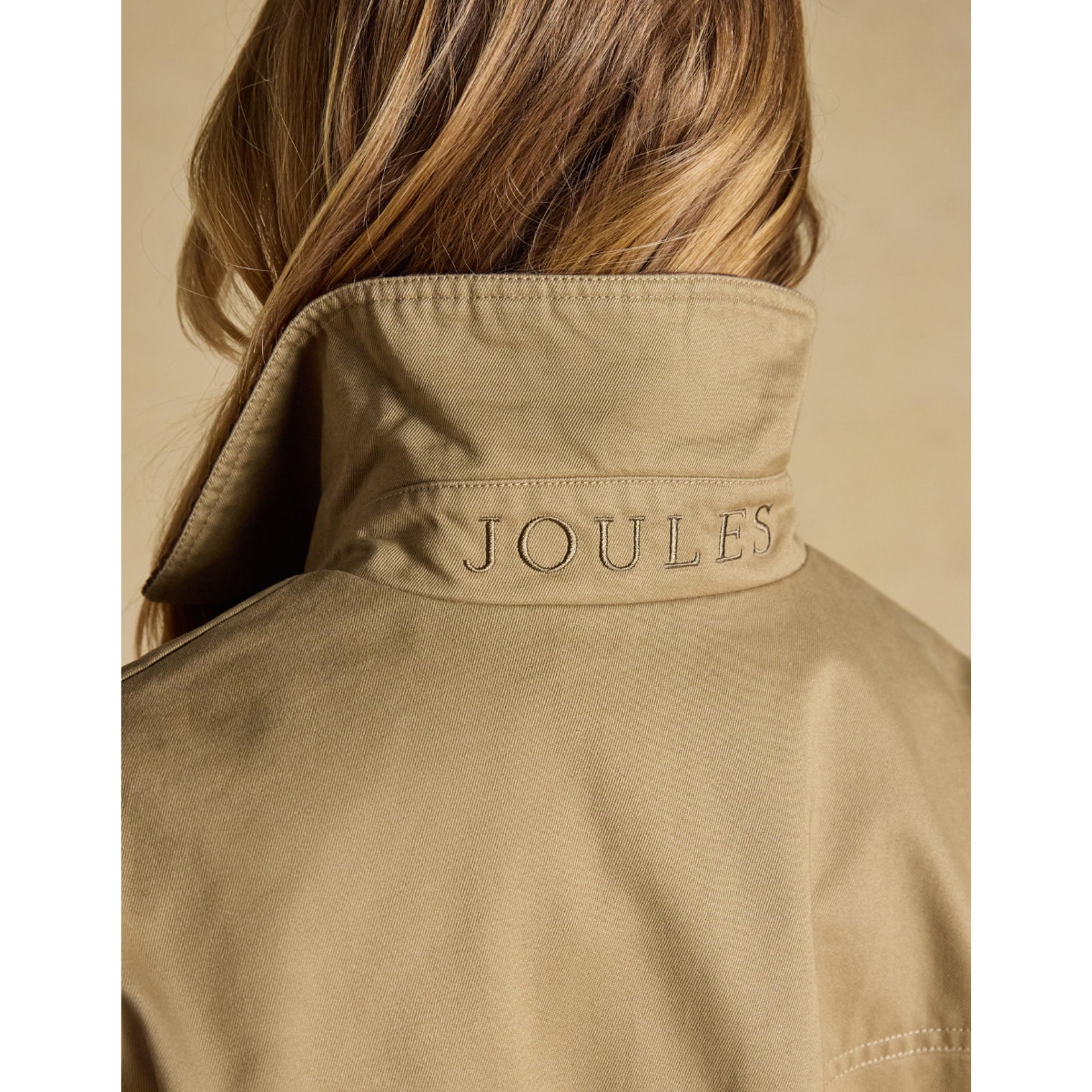 Joules women's tan barn jacket back view with embroidered logo on collar