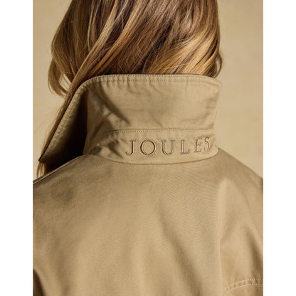 Joules women's tan barn jacket back view with embroidered logo on collar