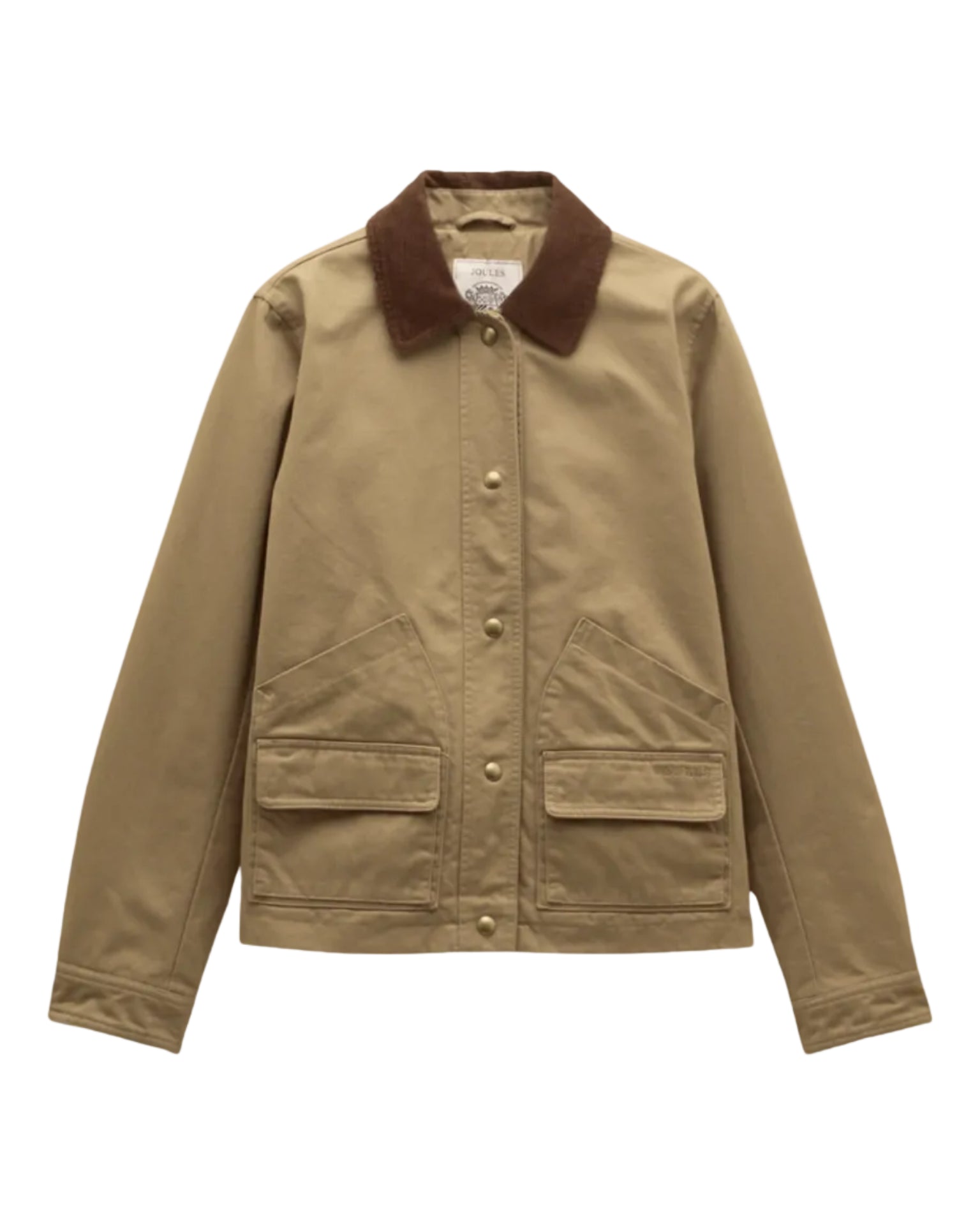 Joules Women's Barn Jacket in Tan Brown - Classic cotton outdoor coat with cord collar.