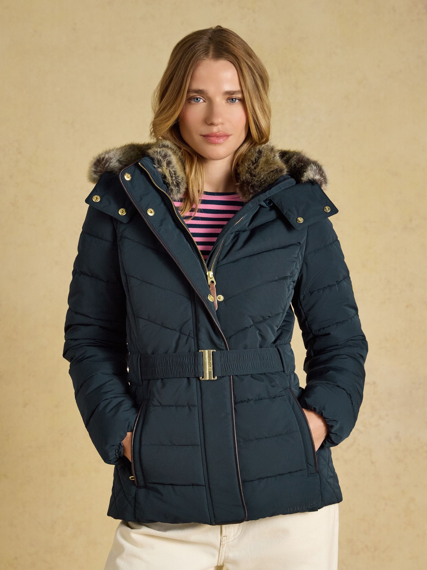 Joules Aspen Navy Showerproof Padded Coat Faux Fur Hood Women's
