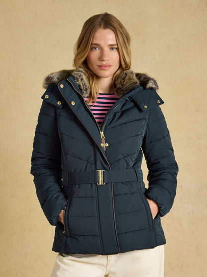 Joules Aspen Navy Showerproof Padded Coat Faux Fur Hood Women's