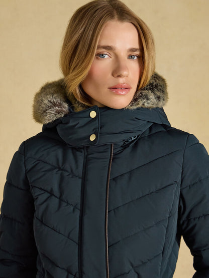 Women's Joules Aspen navy padded coat with detachable faux fur hood