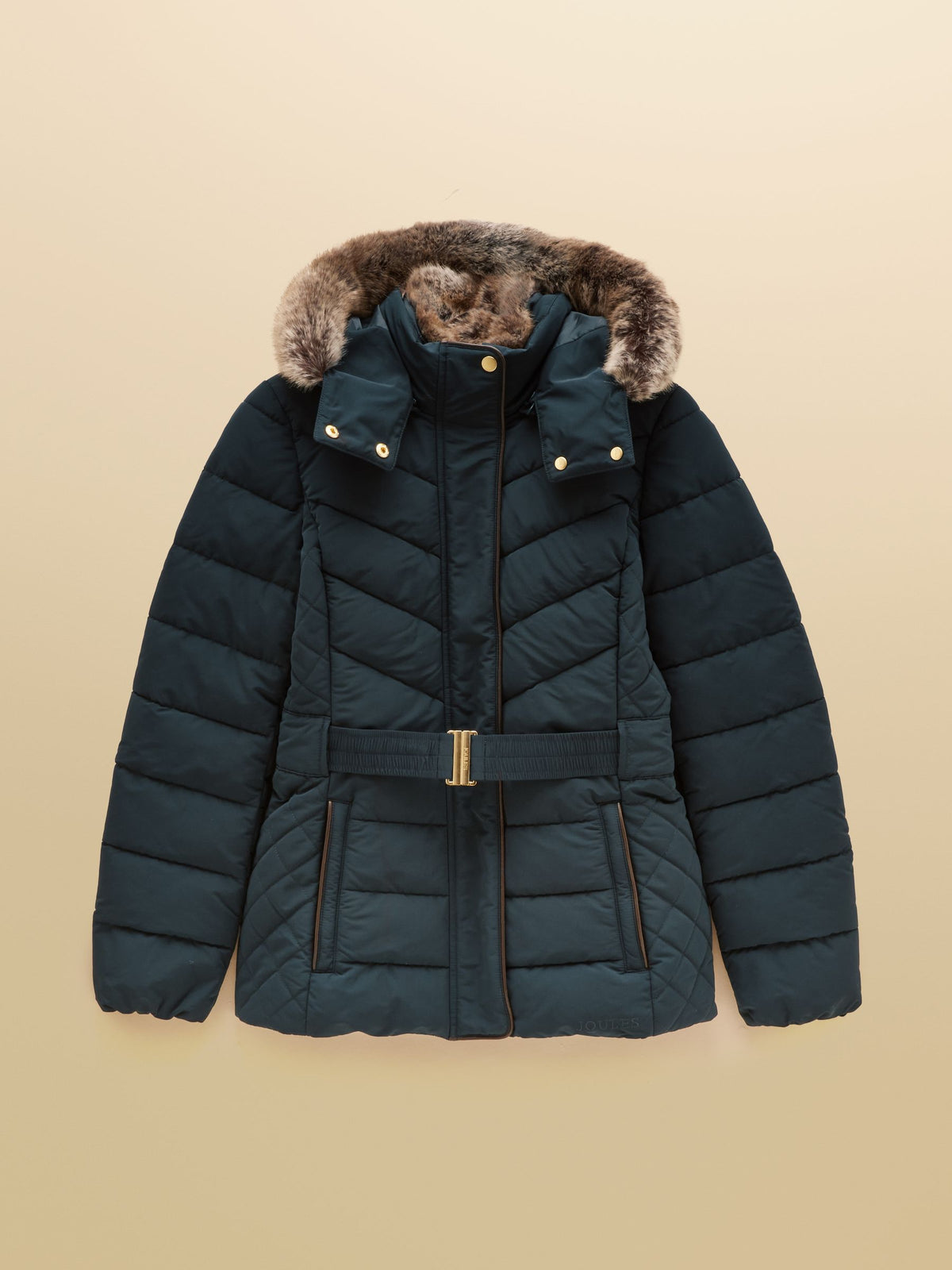 Joules navy belted padded coat with faux fur hood | Women's showerproof outerwear