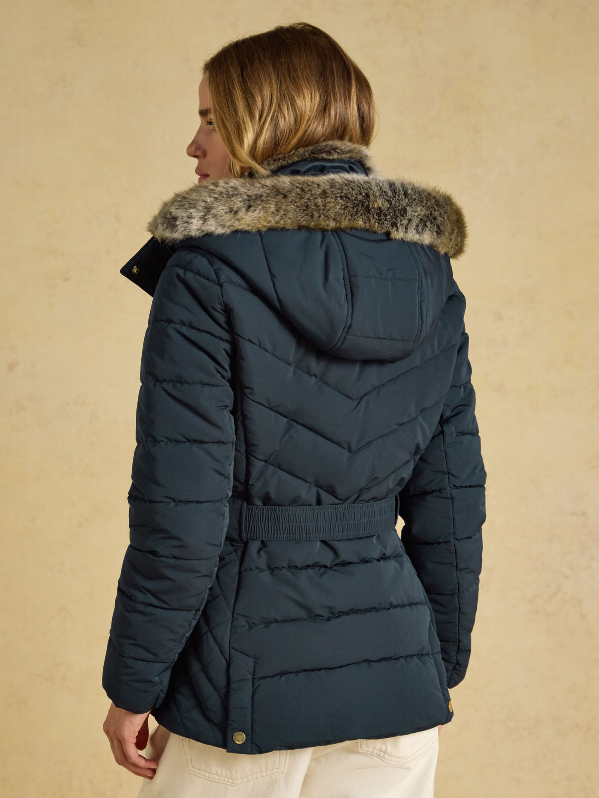 Women's Joules Navy Puffer Coat with Faux Fur Hood - Showerproof & Warm Winter Jacket