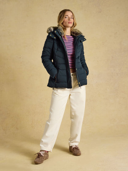 Joules Aspen Navy Showerproof Padded Coat with Faux Fur Hood for Women