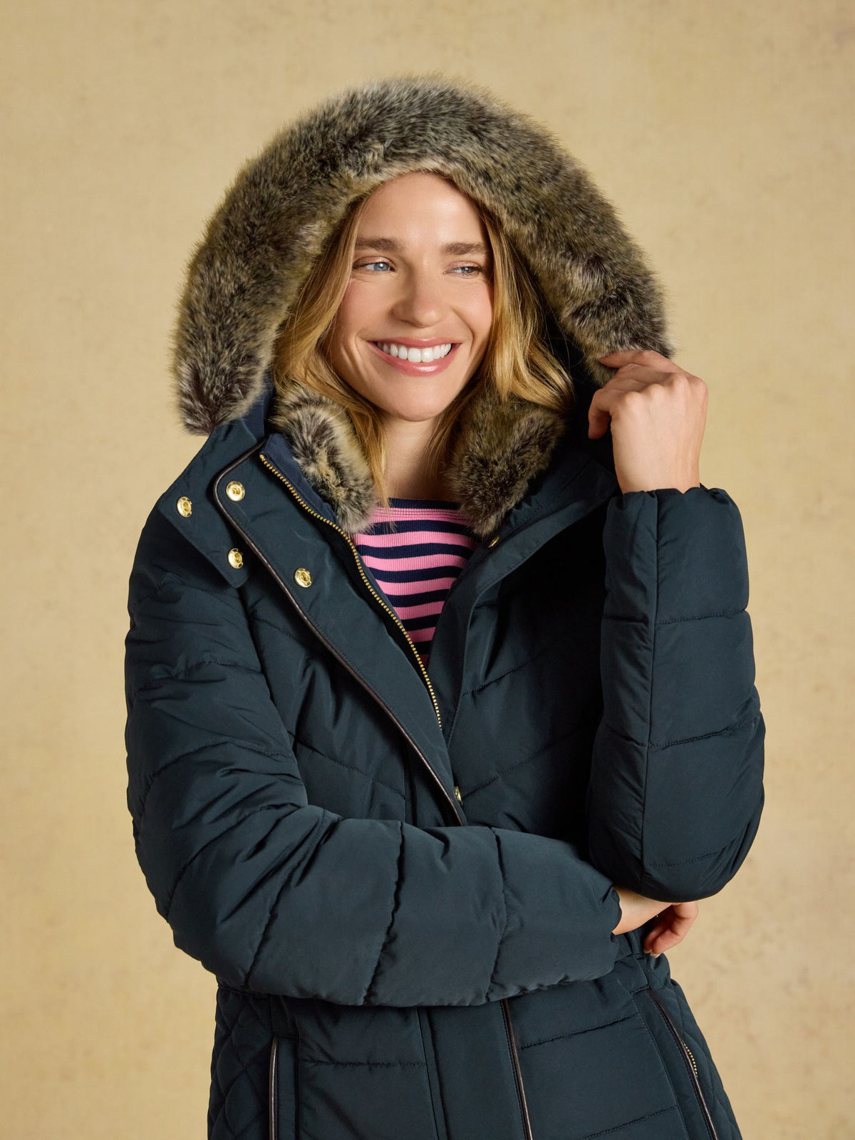 Joules Aspen Navy Padded Coat for Women with Faux Fur Hood - Showerproof