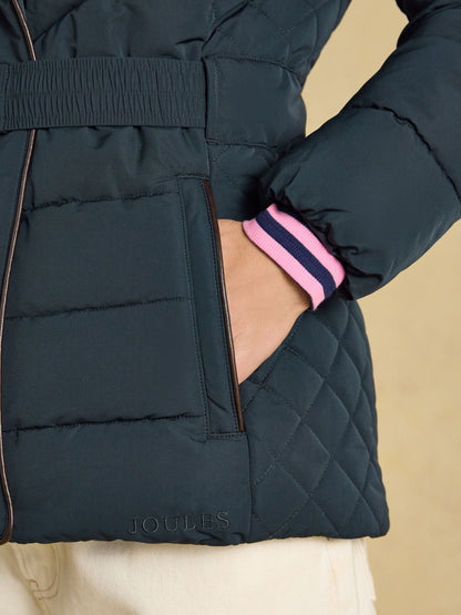 Joules Aspen dark teal quilted puffer coat with belt and fleece-lined pockets