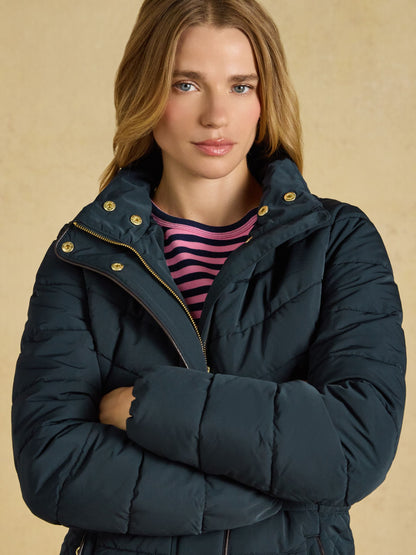 Women's Joules Aspen Navy Showerproof Padded Coat with Detachable Faux Fur Hood