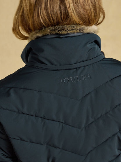 Women's Joules Aspen navy showerproof padded coat with faux fur hood | Stylish & warm outerwear