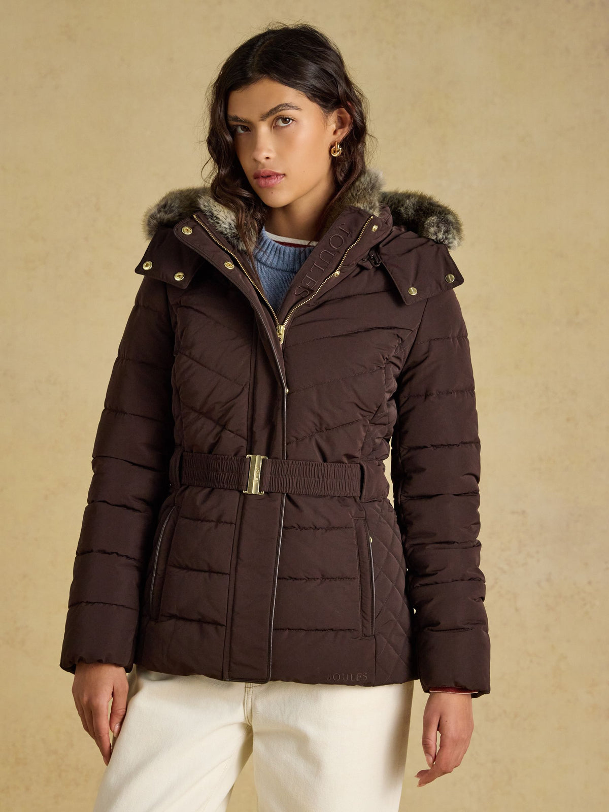 Women's Joules chocolate brown hooded showerproof padded winter coat with faux fur trim.