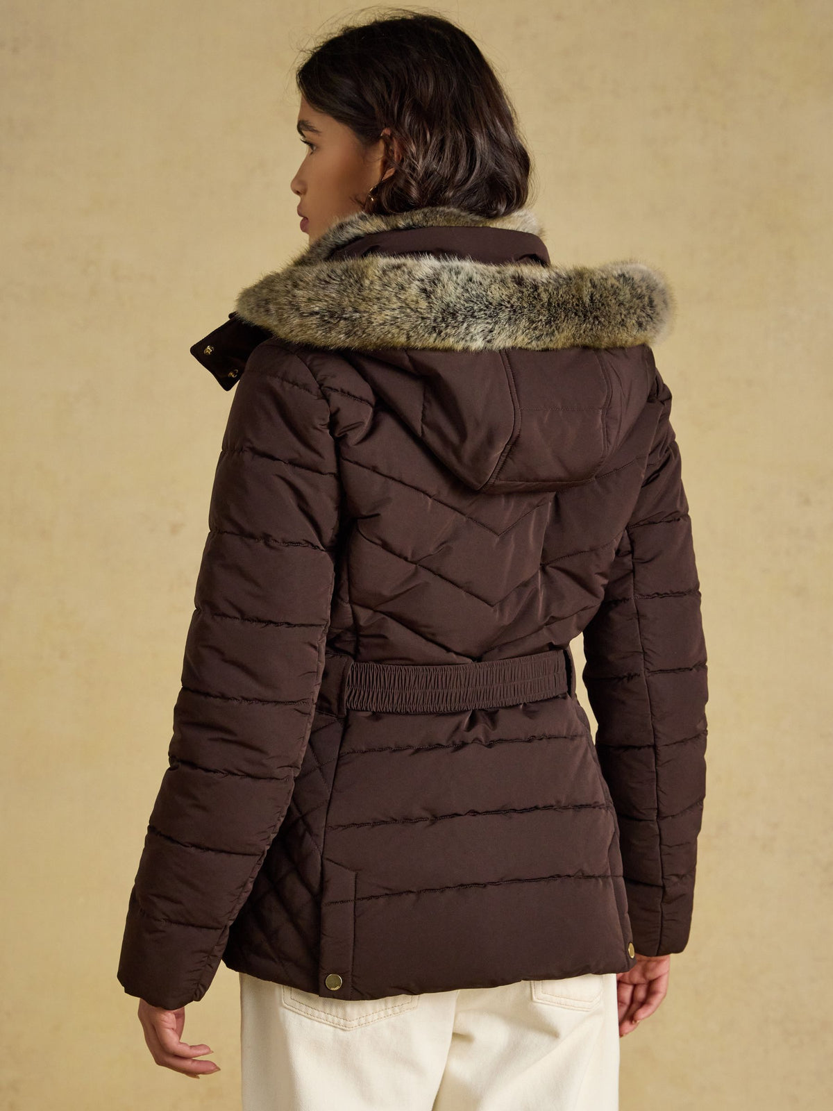 Women's brown Joules padded showerproof coat with faux fur trim