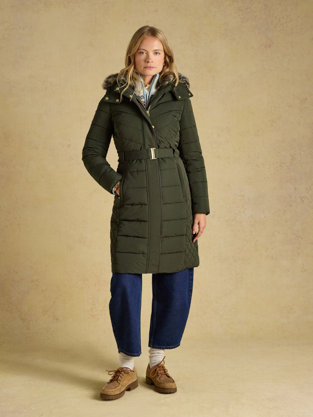 Joules Aspen Women's Green Showerproof Padded Coat with Faux Fur Hood