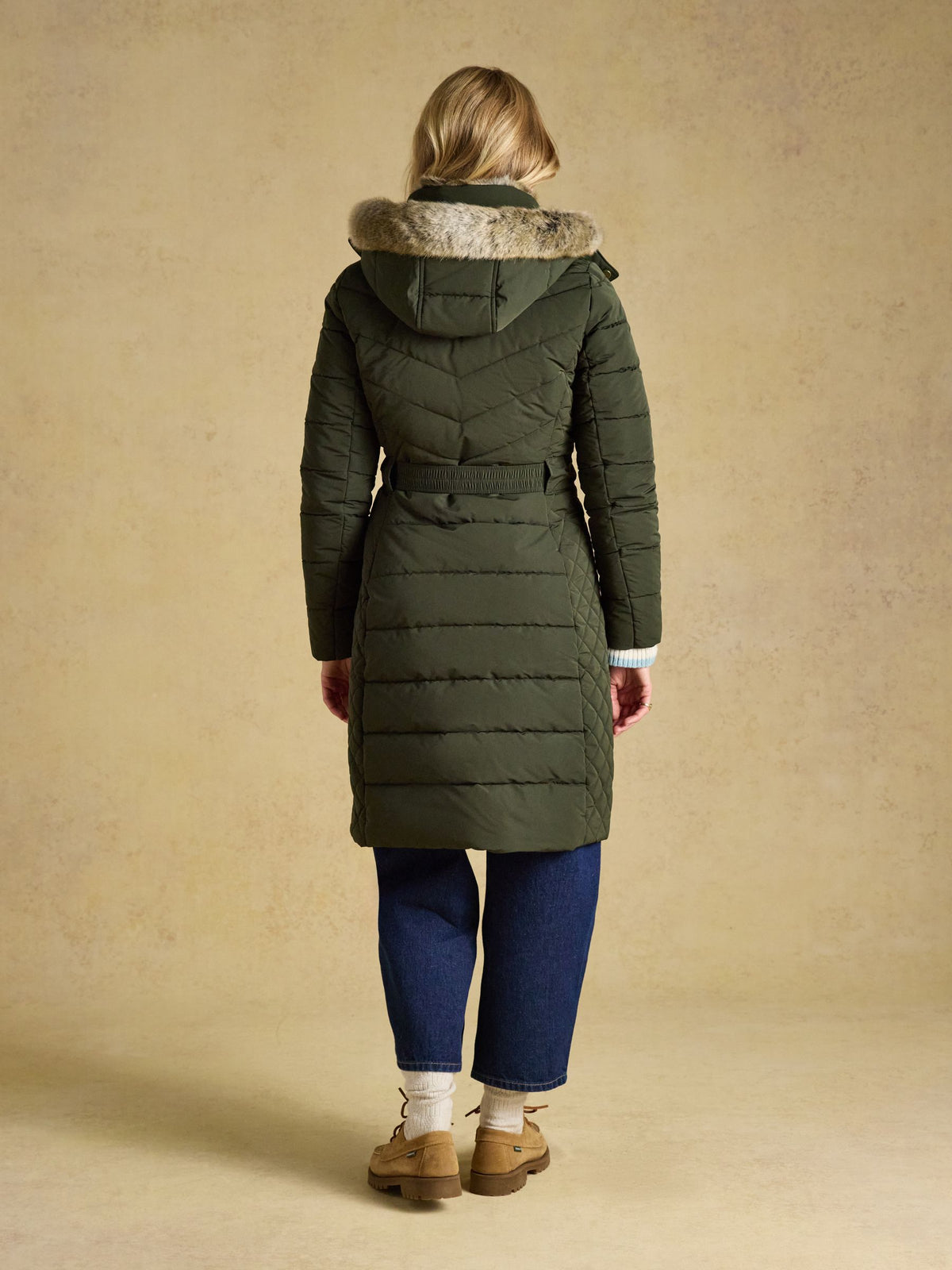 Joules Women's Aspen Green Longline Padded Coat with Faux Fur Hood | Showerproof Winter Jacket