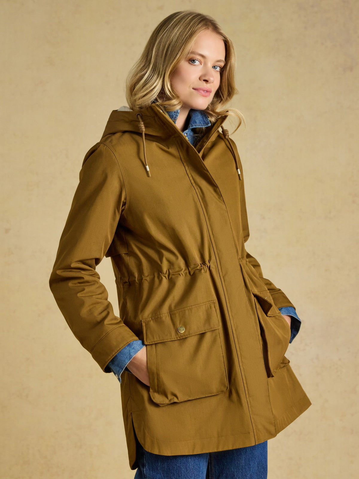 Women's Joules Evercosy Tan Borg Lined Waterproof Raincoat with Hood