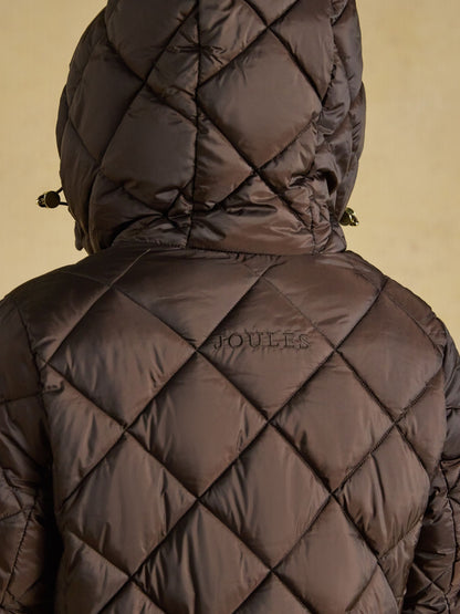 Joules women's brown quilted coat with embroidered logo on back
