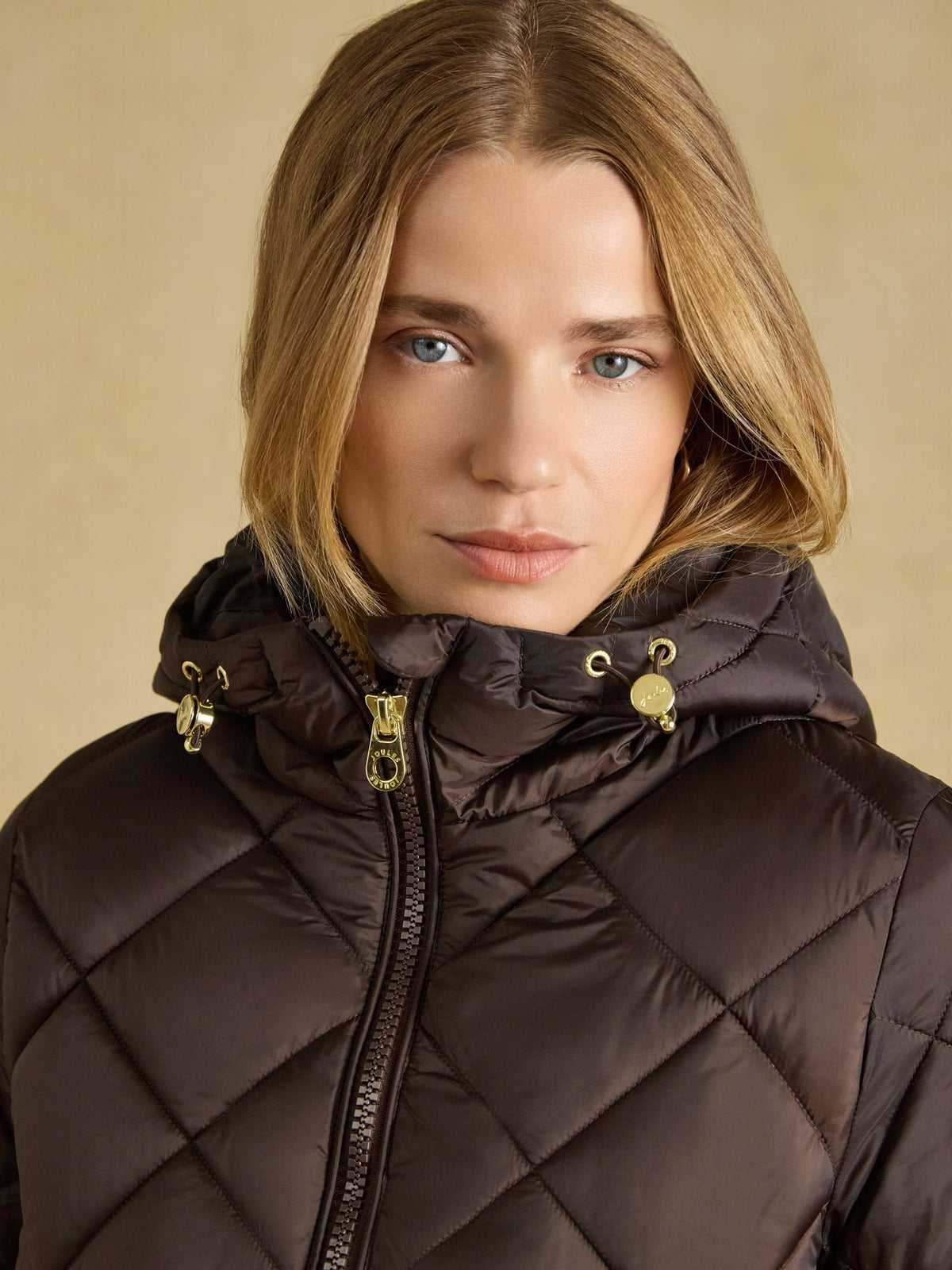Joules Women's Chocolate Brown Showerproof Longline Quilted Coat with Hood