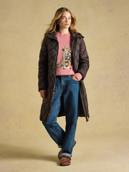 Joules women's chocolate brown showerproof quilted longline coat with hood