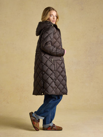 Joules Women's Chocolate Brown Showerproof Quilted Longline Coat with Hood